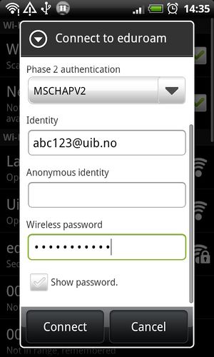 Nederste del av vinduet der ein set opp innstillingar for å koble til eduroam. Her ser ein også Wireless password.