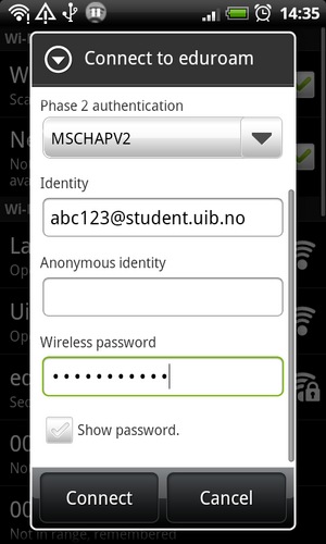 Nederste del av vinduet der ein set opp innstillingar for å koble til eduroam. Her ser ein også Wireless password.